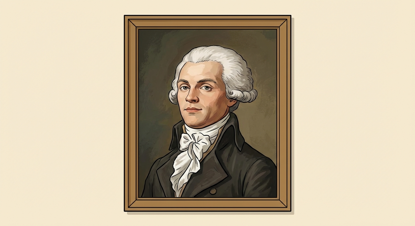 Portrait peinture de Robespierre, XVIIIe siècle, perruque poudrée, costume d'époque, visage sérieux.