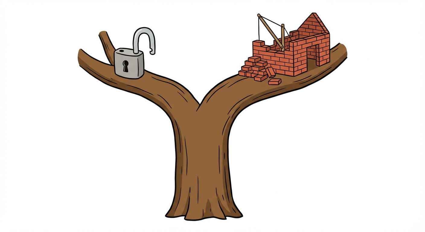 Dessin simple sur fond blanc : un grand arbre avec un tronc solide de couleur marron. Le tronc se divise clairement en deux grosses branches principales. Sur la branche de gauche, il y a un cadenas gris ouvert. Sur la branche de droite, il y a une petite maison rouge en cours de construction avec quelques briques empilées. Aucun texte n'est présent sur l'image.