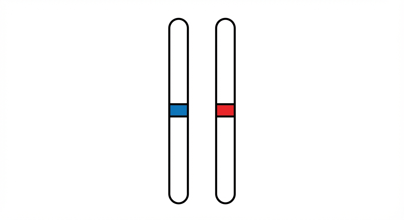 Dessin simple de deux bâtonnets verticaux (chromosomes homologues) côte à côte. Sur chaque bâtonnet, au même niveau de hauteur, il y a une bande horizontale colorée représentant le gène. La bande sur le chromosome de gauche est bleue, la bande sur le chromosome de droite est rouge, symbolisant deux allèles différents.