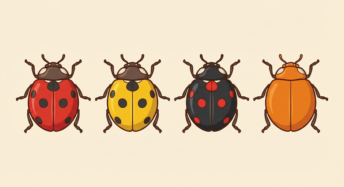Dessin de 4 coccinelles vues de dos, alignées. Elles ont la même forme (même espèce). La 1ère est rouge à points noirs, la 2ème jaune à points noirs, la 3ème noire à points rouges, la 4ème orange unie. Cela illustre la variabilité individuelle.