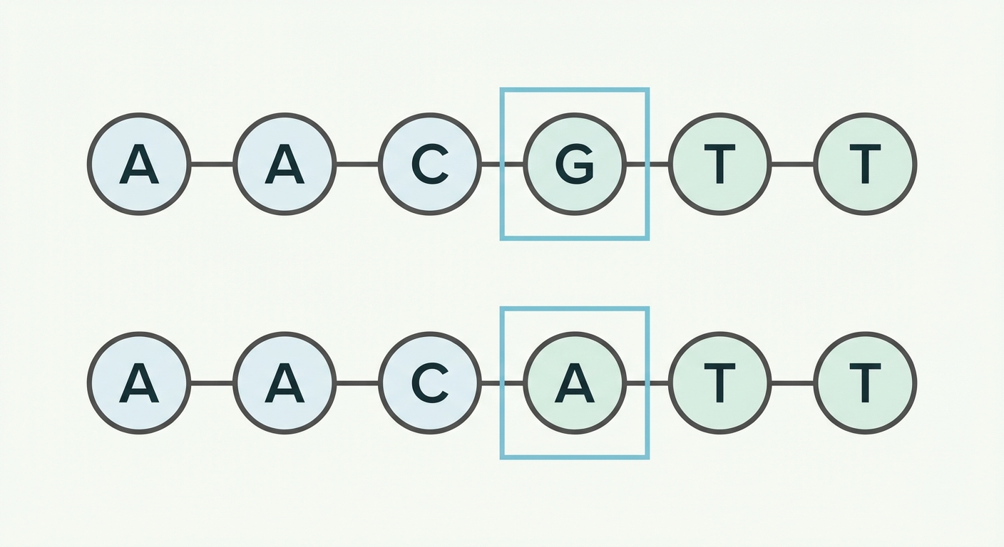 Schéma comparatif de deux séquences d'ADN superposées l'une au-dessus de l'autre. Séquence 1 (originale) : A-A-C-G-T-T. Séquence 2 (mutée) : A-A-C-A-T-T. La 4ème lettre de chaque séquence (G en haut, A en bas) est entourée ou mise en surbrillance pour montrer la différence.