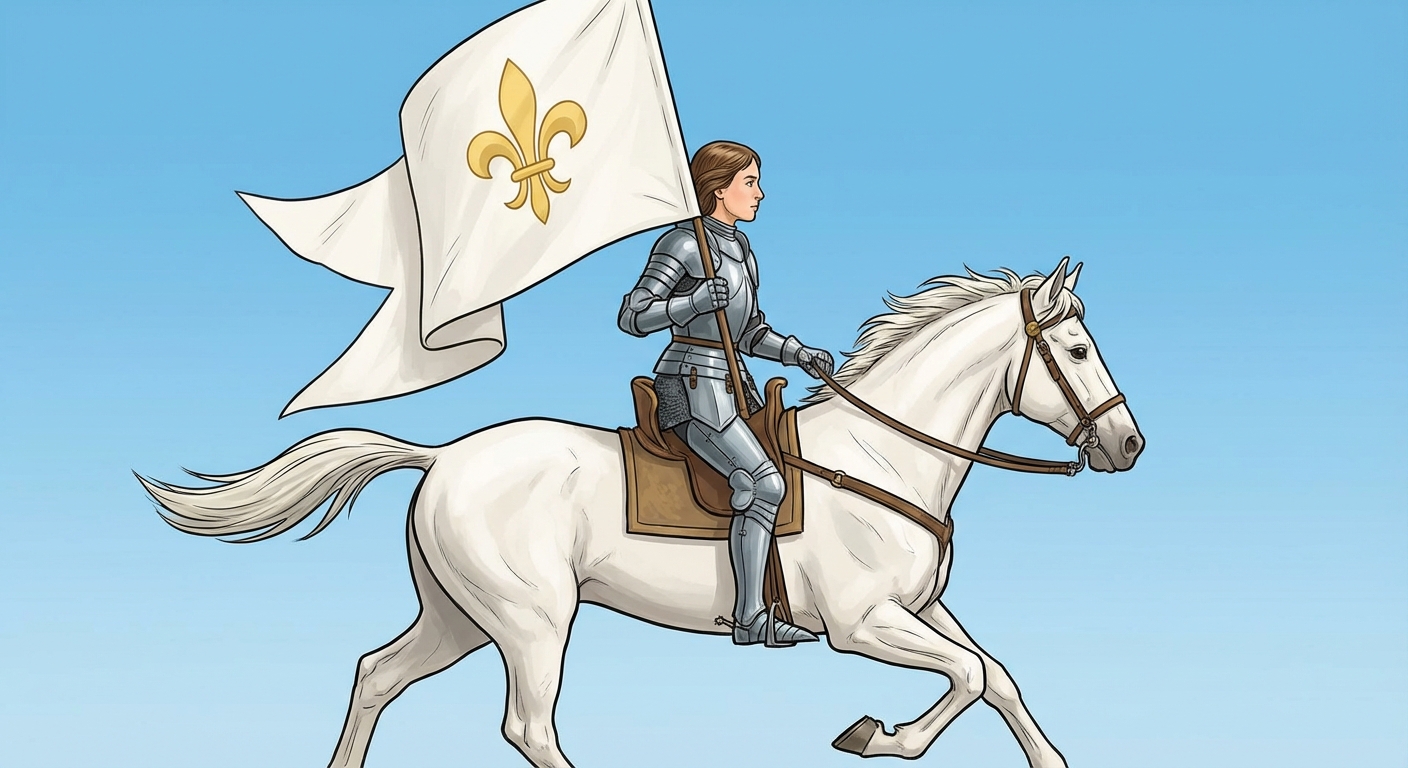 Dessin coloré de profil : une jeune femme en armure grise étincelante, assise sur un cheval blanc en mouvement. Elle tient fermement un grand étendard blanc avec une fleur de lys dorée. Le ciel en arrière-plan est bleu et dégagé.