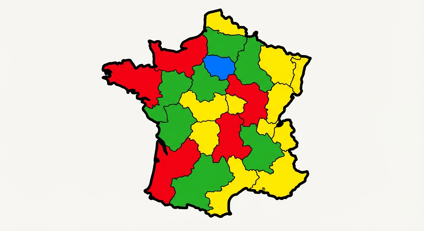 Dessin simple vue de dessus : une carte de France dessinée avec des frontières épaisses. Au centre, une toute petite zone est coloriée en bleu vif pour représenter le domaine royal. Tout autour, de très vastes territoires sont coloriés en rouge, vert et jaune pour représenter les grands fiefs des seigneurs indépendants.