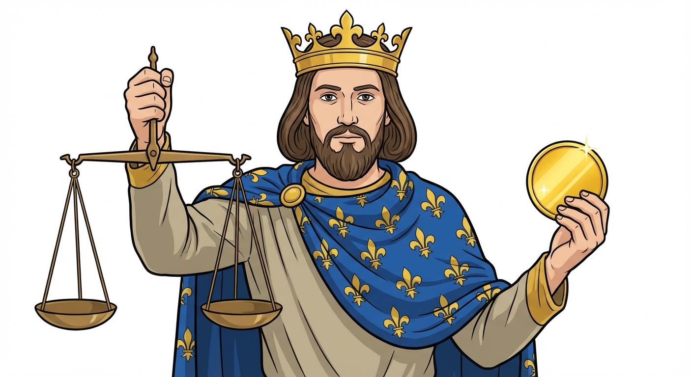 Dessin stylisé d'un roi du Moyen Âge vu de face, portant une couronne dorée et un manteau bleu avec des fleurs de lys. Il tient dans sa main droite une balance de justice en laiton et dans sa main gauche une grosse pièce d'or brillante. Le fond est blanc.