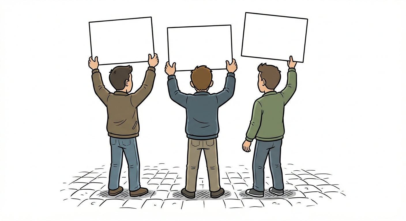 Illustration style bande dessinée simple. Une rue pavée. Au premier plan, trois personnages de dos tiennent des pancartes rectangulaires blanches au-dessus de leurs têtes. Fond blanc épuré.