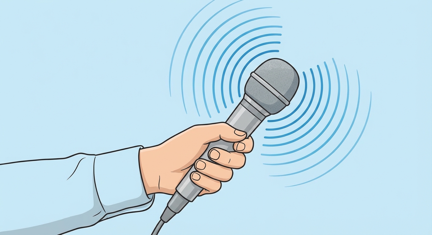 Gros plan sur un micro de journaliste gris argenté tenu par une main. Le micro est entouré de petites ondes sonores bleues pour symboliser la diffusion. Fond uni clair.
