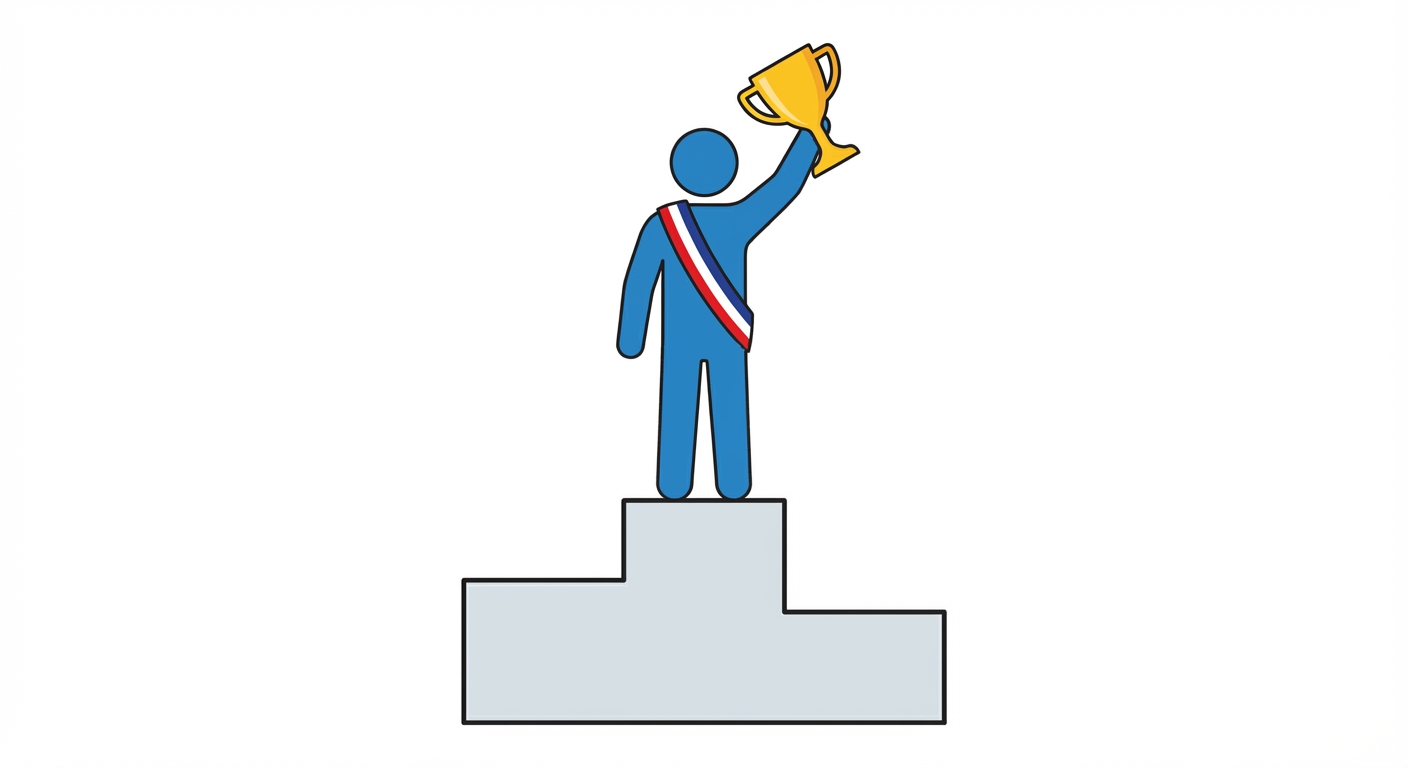 Dessin vectoriel simple sur fond blanc. Un podium de vainqueur à trois marches. Sur la plus haute marche, une silhouette humaine stylisée bleue lève une coupe dorée. Une écharpe tricolore (bleu blanc rouge) traverse son torse.