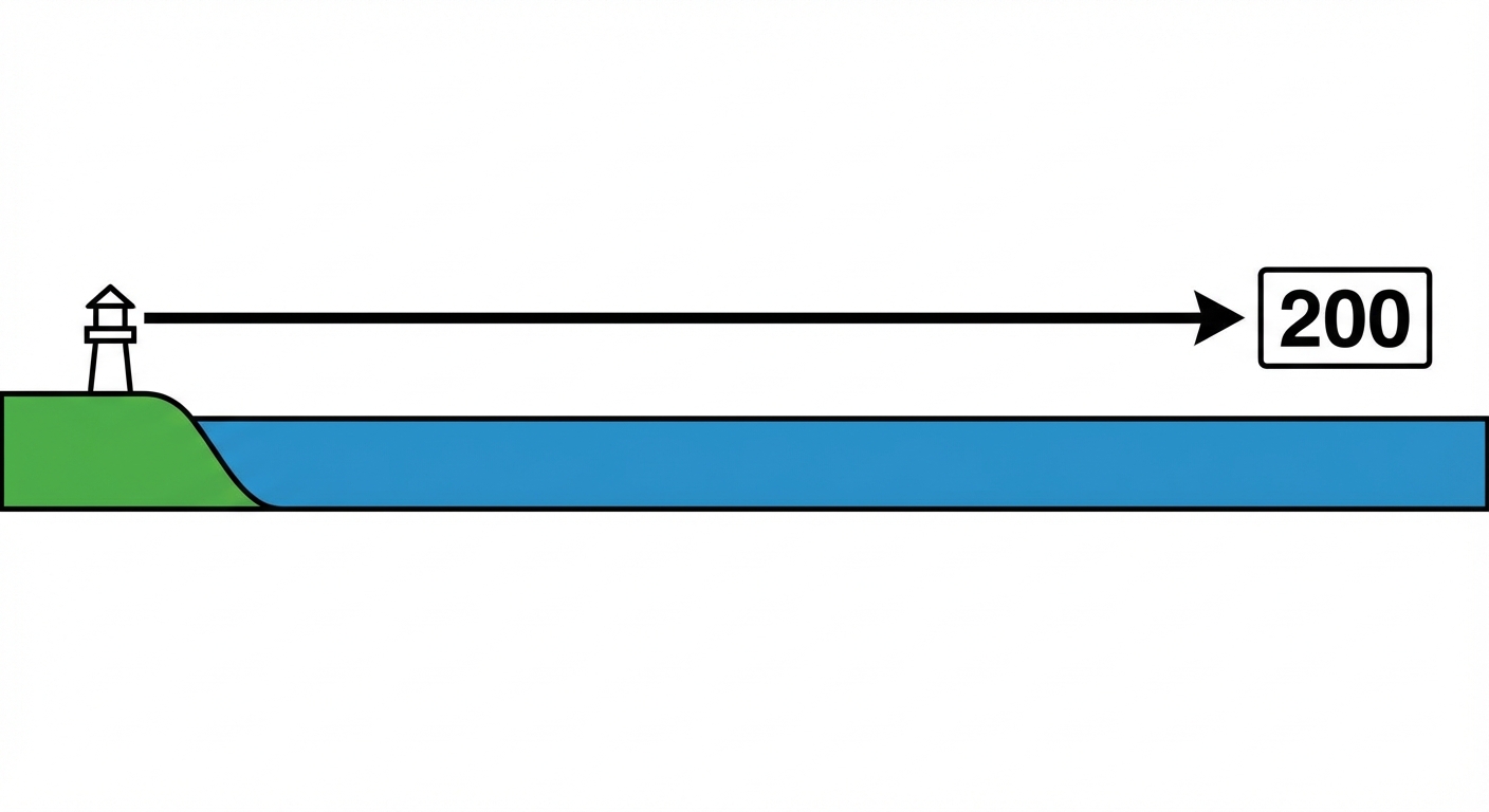 Un dessin simple montrant une vue de profil. À gauche, une bande de terre verte avec un petit phare blanc. À droite, une large étendue d'eau bleue. Une flèche noire horizontale part du phare et s'étire vers la droite au-dessus de l'eau. Au bout de la flèche, un panneau indique le chiffre 200 avec précision. Le fond est blanc.