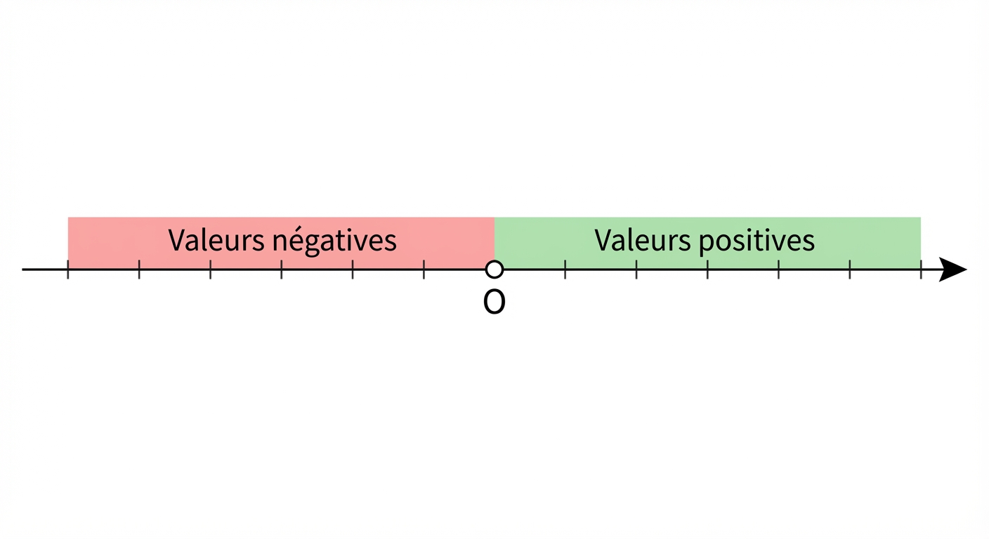 Dessin d'un axe horizontal fléché vers la droite. Au centre, un point O marqué zéro. À gauche de O, une zone colorée en rouge clair indiquée 'Valeurs négatives'. À droite de O, une zone colorée en vert clair indiquée 'Valeurs positives'. Une graduation simple est visible.
