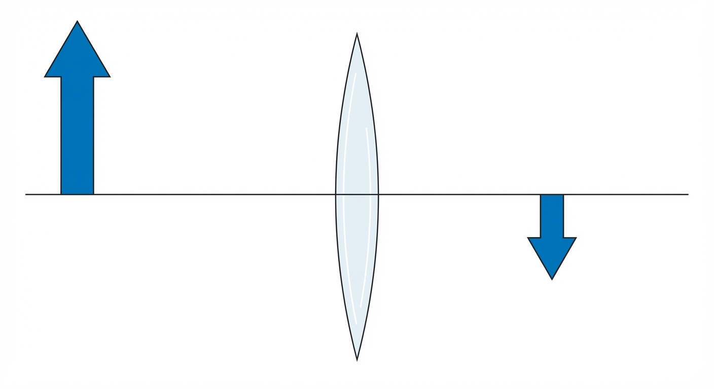 Schéma optique sur fond blanc. À gauche, une grande flèche bleue verticale pointant vers le haut posée sur l'axe optique. Au centre une lentille. À droite, une flèche bleue verticale deux fois plus petite que la première, pointant vers le bas, sous l'axe optique.
