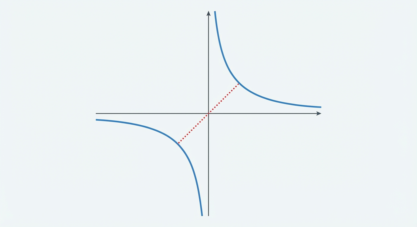 Graphique épuré de la fonction inverse f(x)=1/x dans un repère orthonormé. Deux branches d'hyperbole bleues symétriques par rapport à l'origine. Un pointillé rouge montre la symétrie centrale entre (1,1) et (-1,-1).