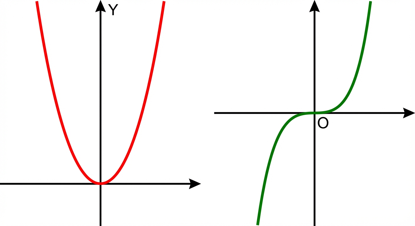 Schéma pédagogique simple divisé en deux. À gauche : parabole rouge (fonction carré) symétrique par rapport à l'axe vertical Y. À droite : courbe verte en S (fonction cube) symétrique par rapport au point central O (0,0). Fond blanc, traits noirs nets.