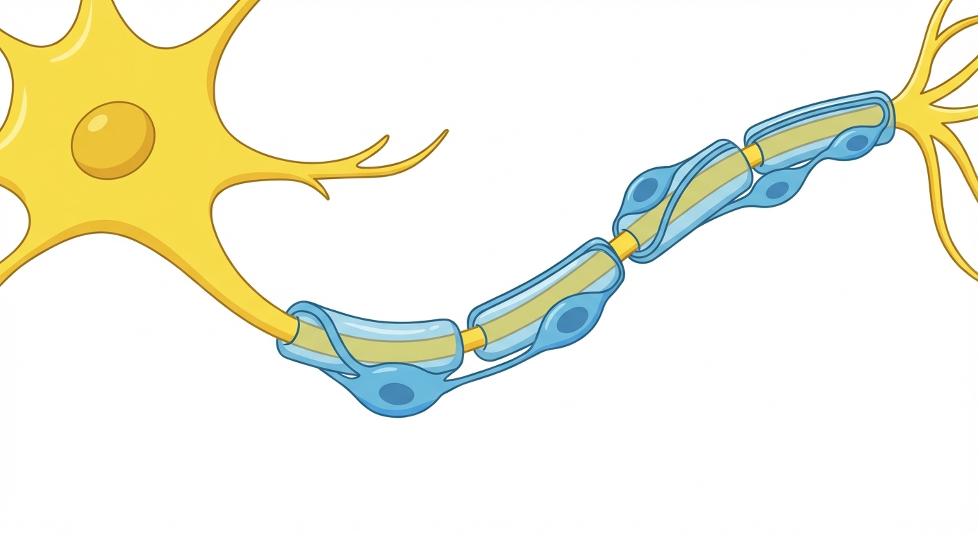 Schéma zoomé montrant un neurone en jaune avec un long axone. Autour de l'axone, des cellules gliales en bleu s'enroulent pour former une gaine (myéline). Fond blanc épuré pour bien distinguer les deux types cellulaires.