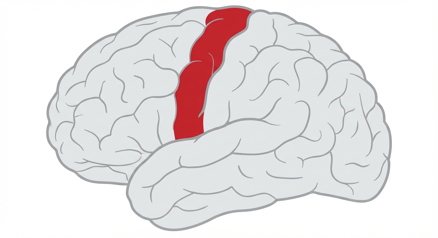 Schéma simple du cerveau humain vu de profil gauche. Le lobe frontal est à gauche. Une bande verticale (le gyrus précentral) est colorée en rouge pour représenter le cortex moteur primaire. Le reste du cerveau est gris clair. Fond blanc.