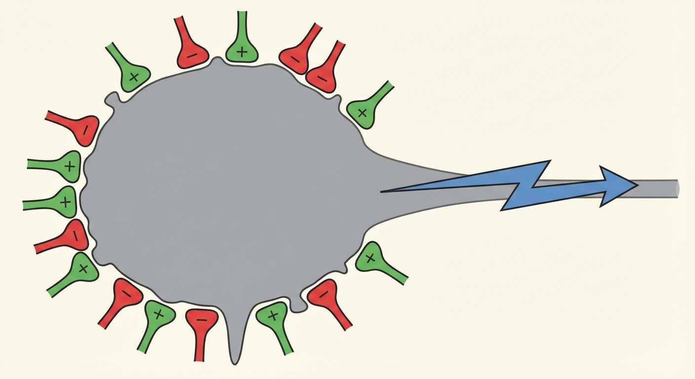 Dessin schématique d'un gros corps cellulaire de neurone (gris). Sur ses contours, plusieurs synapses arrivent : des vertes (+) et des rouges (-). Une flèche part de l'axone uniquement si le seuil est dépassé.