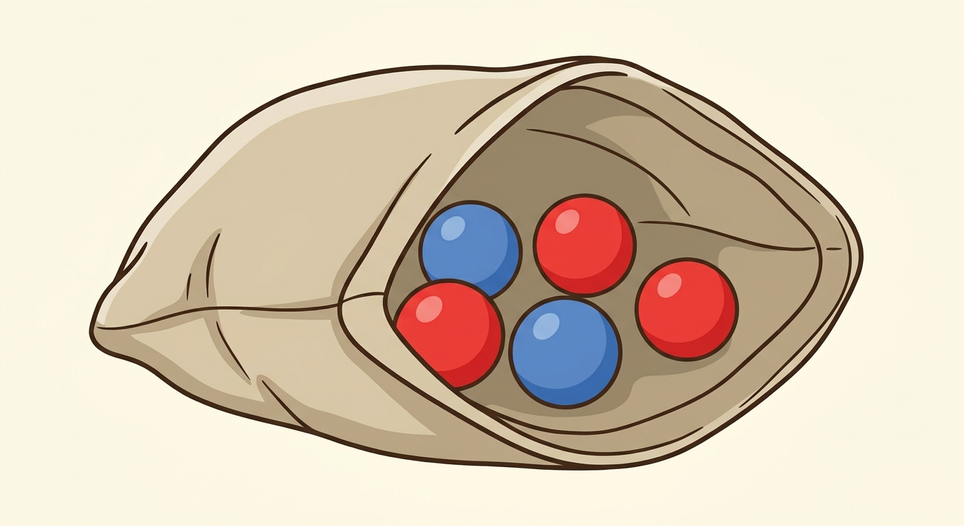 Illustration 2D style dessin animé. Un sac en toile ouvert vu de côté. À l'intérieur, on voit clairement 5 billes rondes : 3 billes sont rouges et 2 billes sont bleues. Les billes sont mélangées.