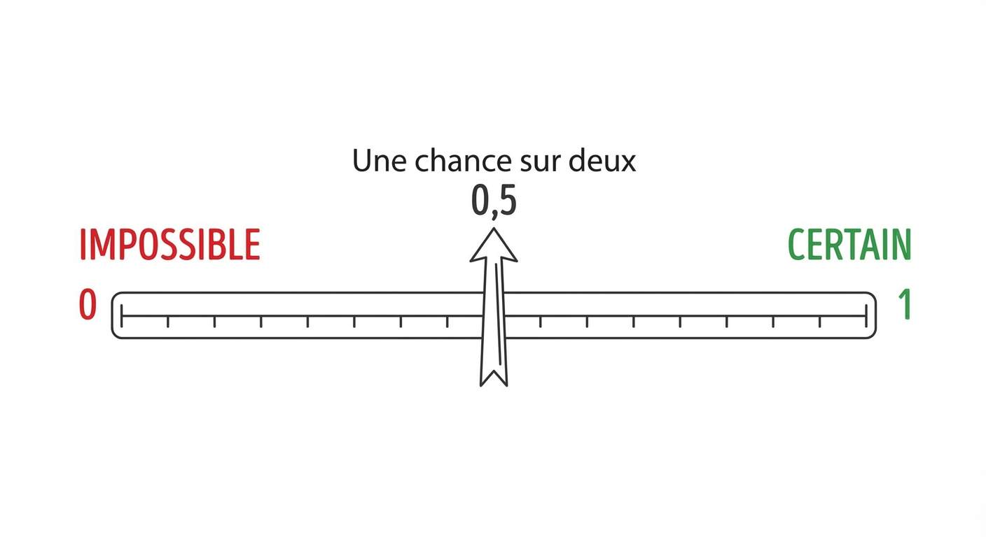 Schéma simple d'une jauge horizontale. À gauche, le chiffre 0 est écrit en rouge avec le mot IMPOSSIBLE. À droite, le chiffre 1 est écrit en vert avec le mot CERTAIN. Au milieu, une flèche indique 0,5 avec le texte 'Une chance sur deux'.