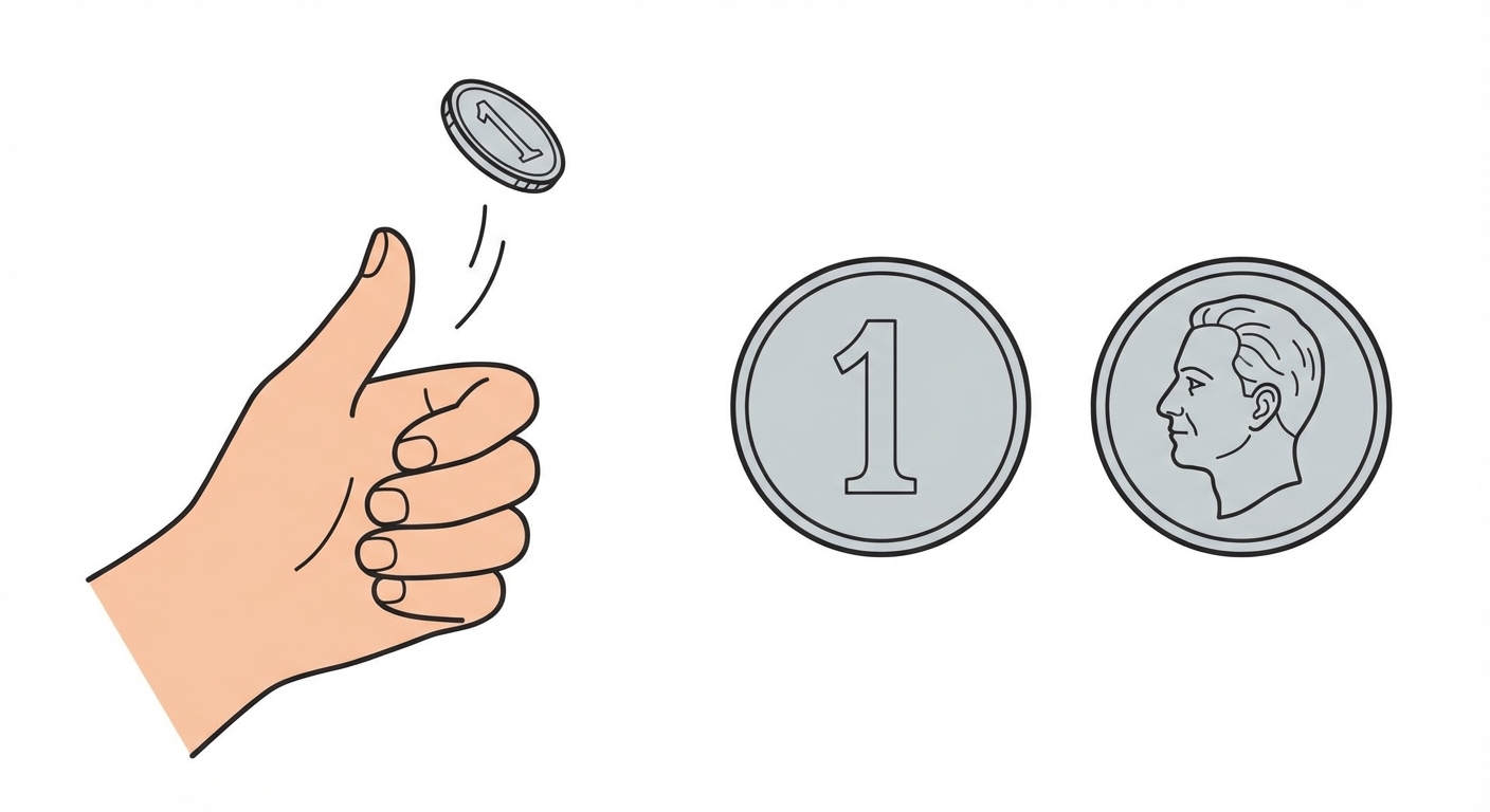 Dessin vectoriel simple sur fond blanc. Une main lance une pièce de monnaie en l'air. À côté, on voit les deux faces de la pièce posées à plat : un côté marqué '1' (Pile) et un côté avec un visage de profil (Face).