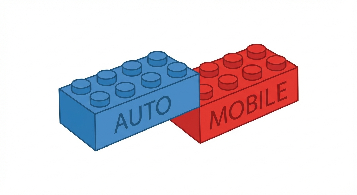 Dessin vectoriel simple sur fond blanc. Au centre, deux briques de construction type Lego de couleurs différentes qui s'emboîtent. Sur la brique de gauche est écrit 'AUTO', sur la brique de droite est écrit 'MOBILE'.