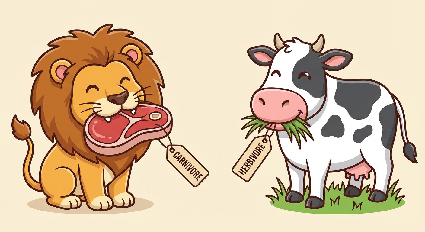 Illustration style bande dessinée. À gauche, un lion qui mange un steak avec une étiquette 'CARNIVORE'. À droite, une vache qui mange de l'herbe avec une étiquette 'HERBIVORE'. Les deux animaux sont contents.