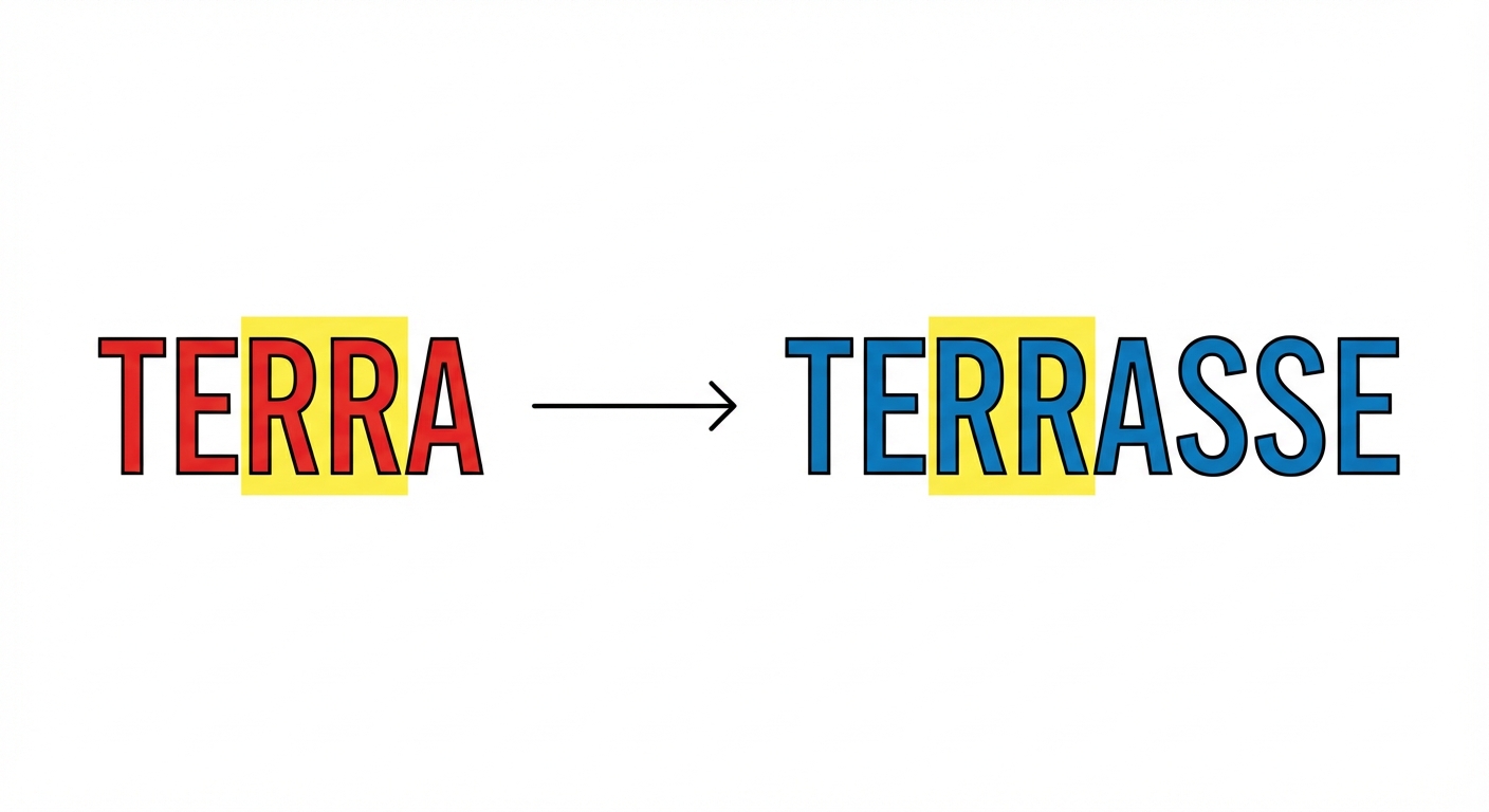 Schéma simple sur fond blanc. Une flèche part du mot latin 'TERRA' (écrit en rouge) et pointe vers le mot français 'TERRASSE' (écrit en bleu). Les deux 'R' sont surlignés en jaune dans les deux mots.