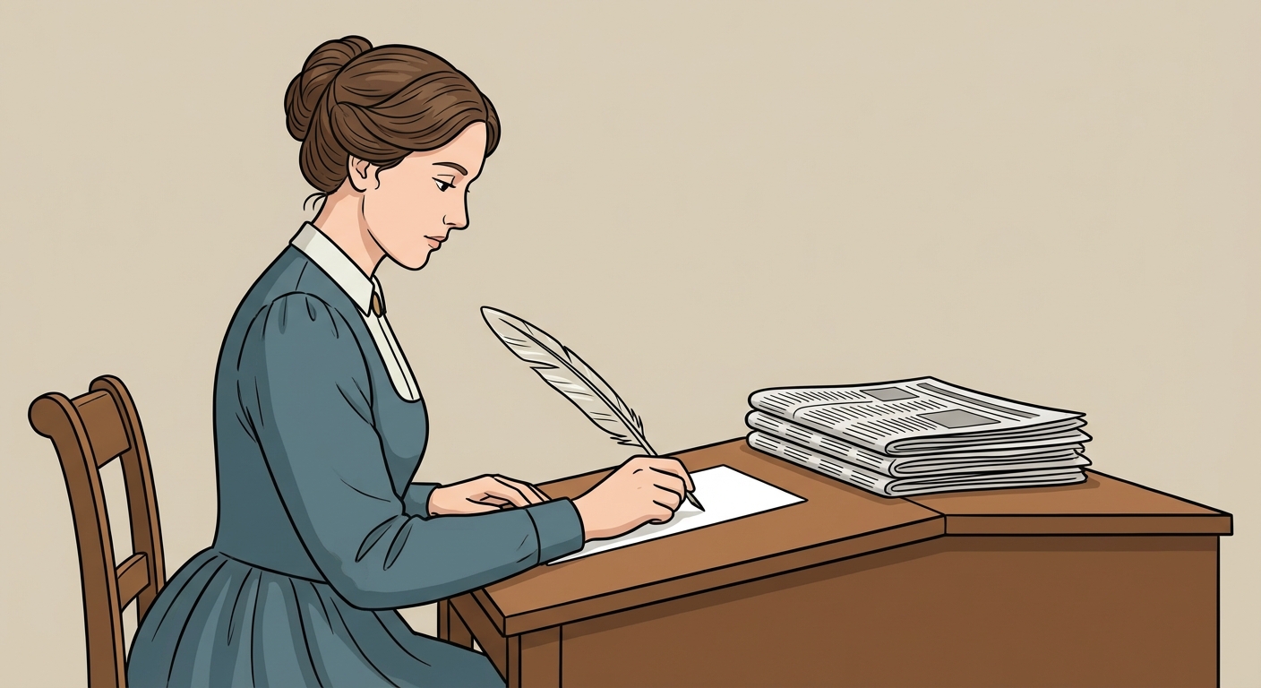 Dessin au trait clair et coloré : une femme du 19e siècle de profil, assise à un bureau en bois massif. Elle écrit sur une feuille blanche avec une longue plume. Sur le bureau se trouvent trois journaux empilés avec soin. Fond beige neutre, aucun texte écrit visible.