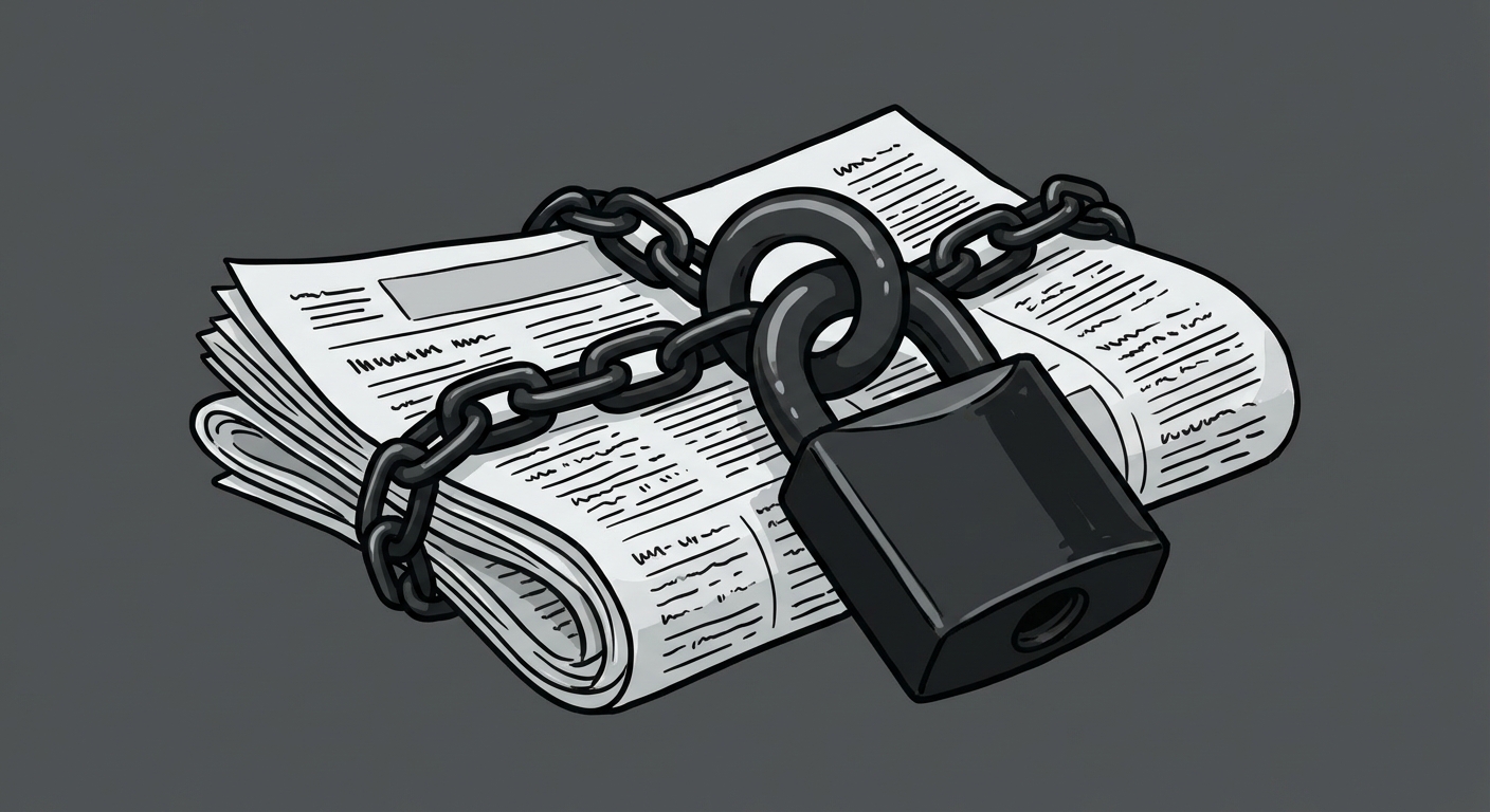 Dessin simple et symbolique : un grand journal plié au centre de l'image. Un énorme cadenas noir et lourd est accroché par-dessus le journal pour le fermer. Le fond est de couleur gris sombre.