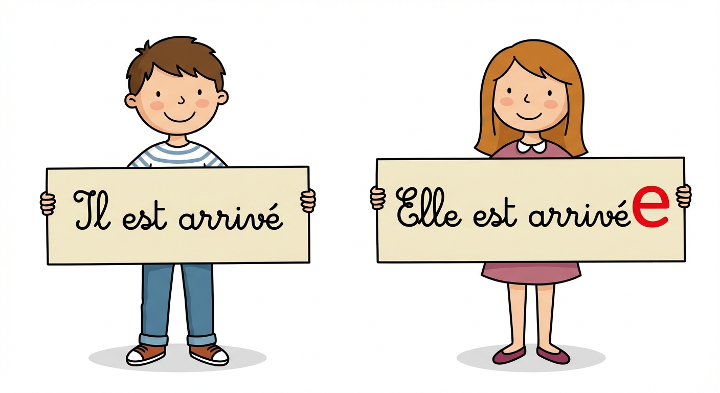 Dessin simple style scolaire : à gauche un garçon souriant avec une étiquette 'Il est arrivé'. À droite une fille souriante avec une étiquette 'Elle est arrivée'. Le 'e' final de 'arrivée' est écrit en rouge et est plus gros pour être bien visible. Fond blanc.