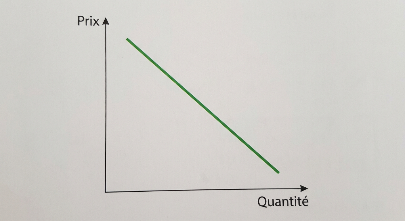 Graphique économique simple sur fond blanc. Axe vertical 'Prix', axe horizontal 'Quantité'. Une courbe verte descendante représente la Demande.