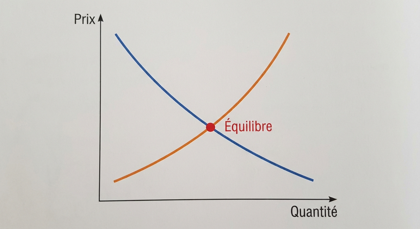 Graphique standard Offre et Demande. Axe Y 'Prix', Axe X 'Quantité'. Une courbe décroissante (Demande) croise une courbe croissante (Offre). Le point d'intersection est mis en évidence par un point rouge marqué 'Équilibre'.