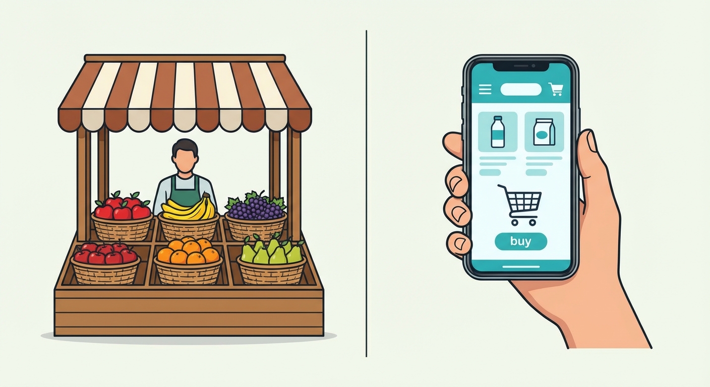 Illustration vectorielle divisée en deux. À gauche, un stand de marché traditionnel avec des fruits. À droite, une main tenant un smartphone affichant une application de e-commerce.