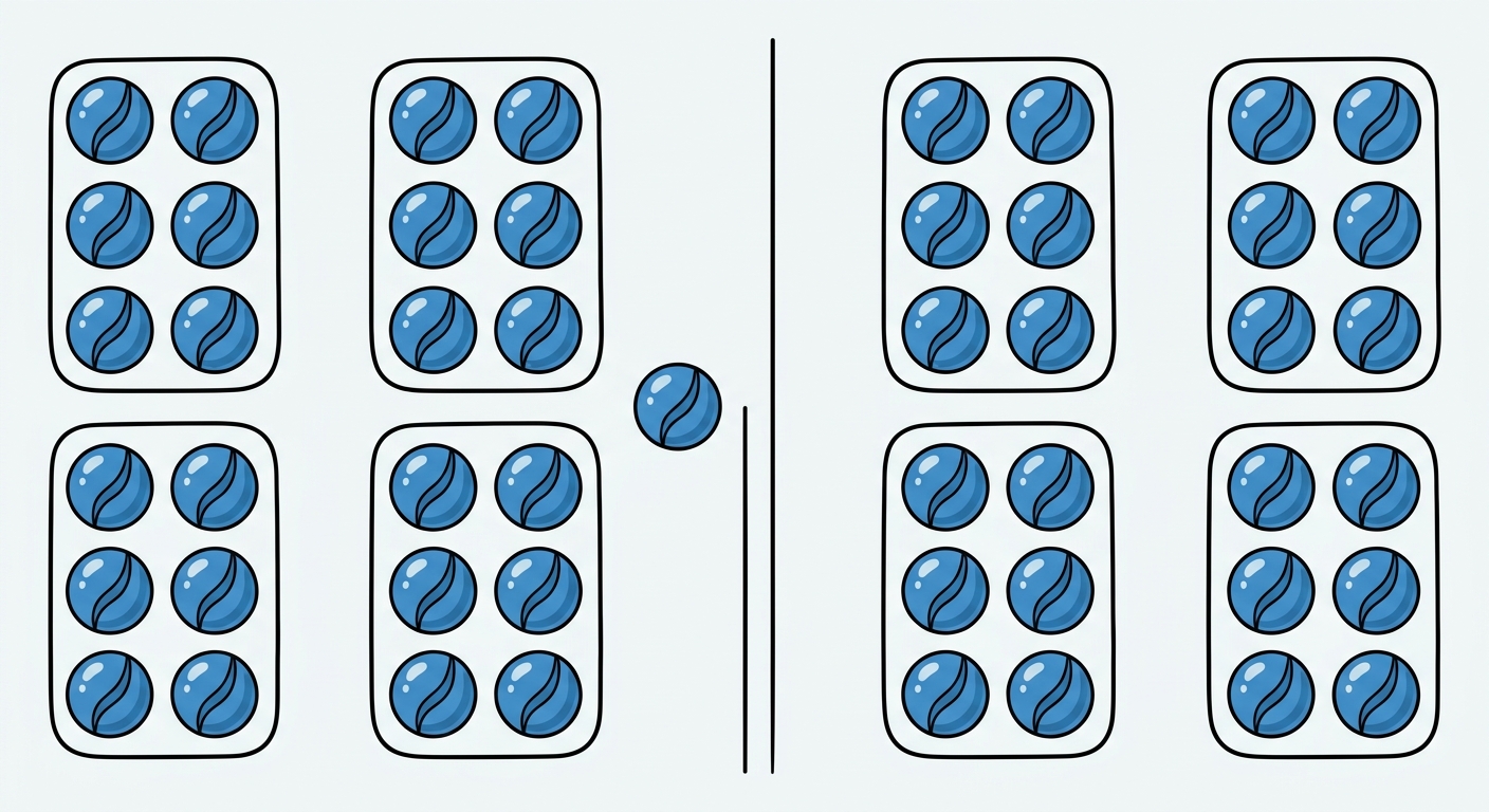 Illustration en deux parties. À gauche : 25 billes partagées en 4 paquets de 6, avec 1 bille seule (reste). À droite : 24 billes partagées en 4 paquets de 6, sans reste. Style scolaire clair.
