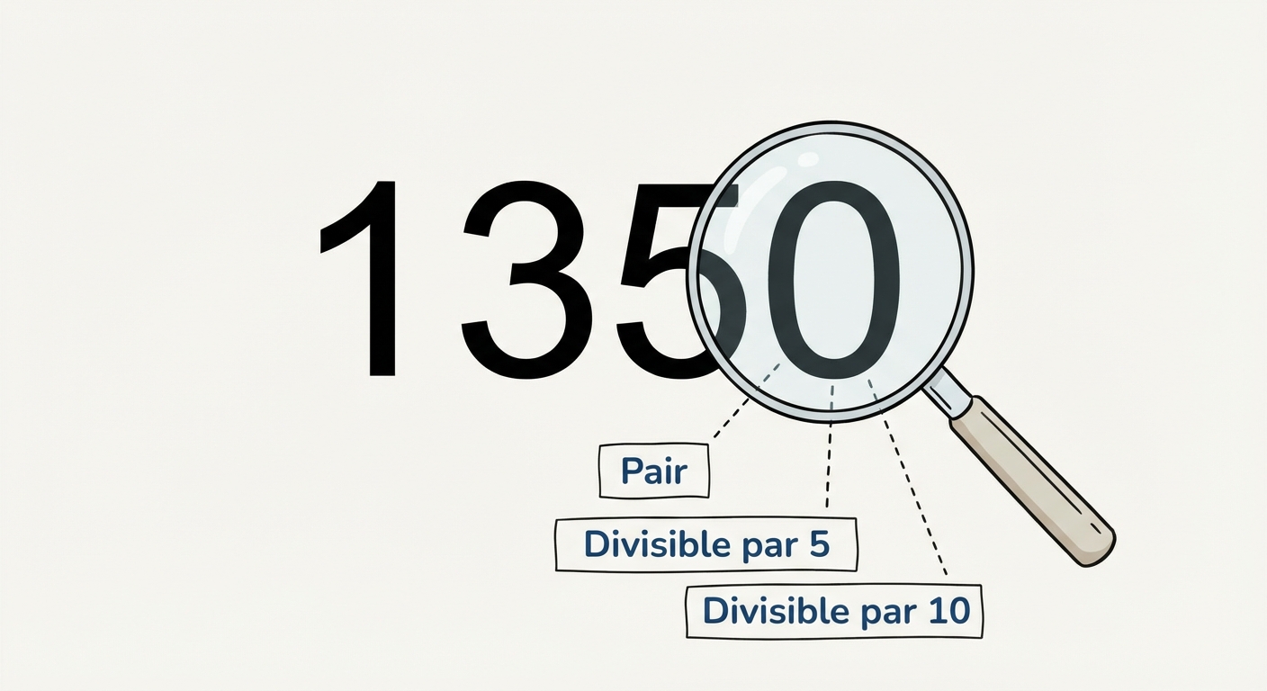 Le nombre 1350 écrit en gros. Une loupe grossissante se pose sur le dernier chiffre '0'. Des étiquettes indiquent 'Pair', 'Divisible par 5' et 'Divisible par 10'.
