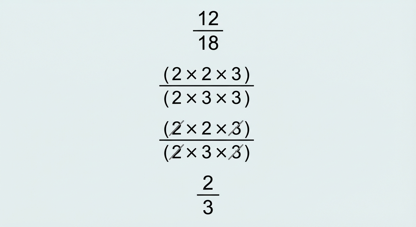 Schéma étape par étape. 1) Fraction 12/18. 2) Décomposition : (2 x 2 x 3) sur (2 x 3 x 3). 3) On barre un '2' en haut et en bas, et un '3' en haut et en bas. 4) Résultat : il reste 2/3.