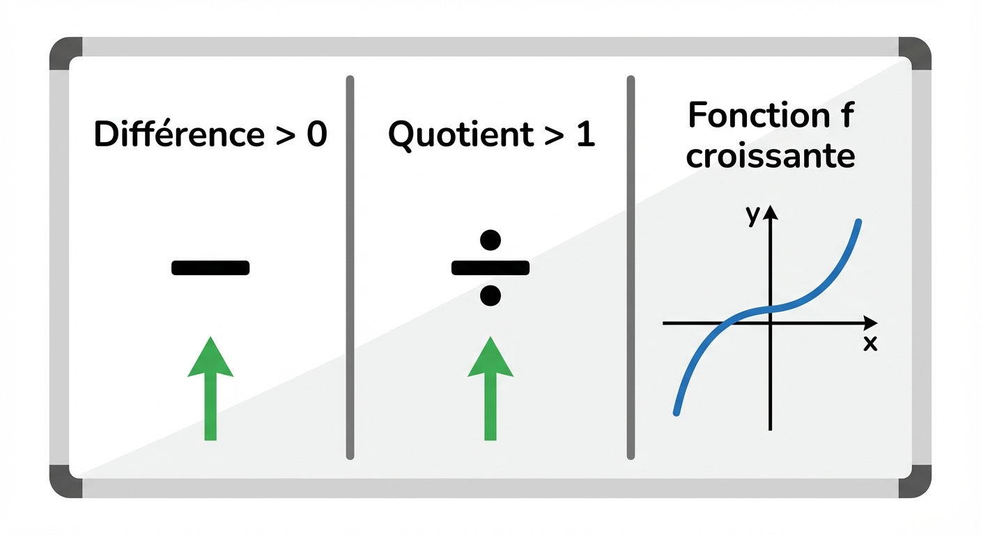 Tableau blanc divisé en trois colonnes. 1: 'Différence > 0'. 2: 'Quotient > 1'. 3: 'Fonction f croissante'. Icônes mathématiques simples et colorées.