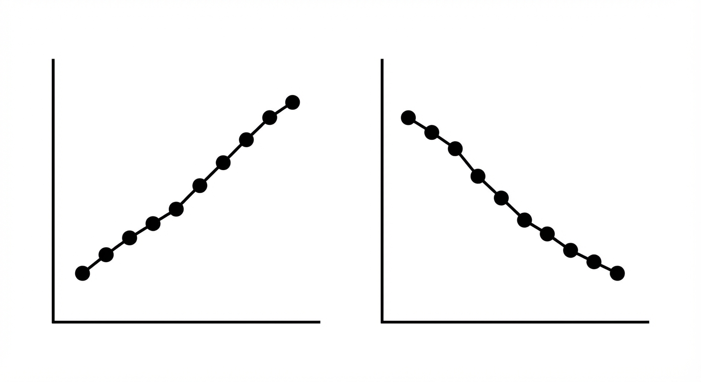 Schéma simple sur fond blanc. À gauche, un graphique avec des points qui montent progressivement. À droite, un graphique avec des points qui descendent. Style épuré et scolaire.