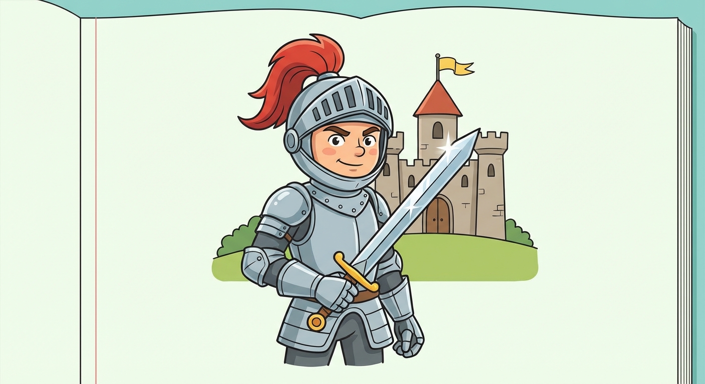 Illustration style dessin animé simple. Au centre, un chevalier en armure tient une épée brillante. Il a l'air courageux. En arrière-plan, on voit un château avec un drapeau.