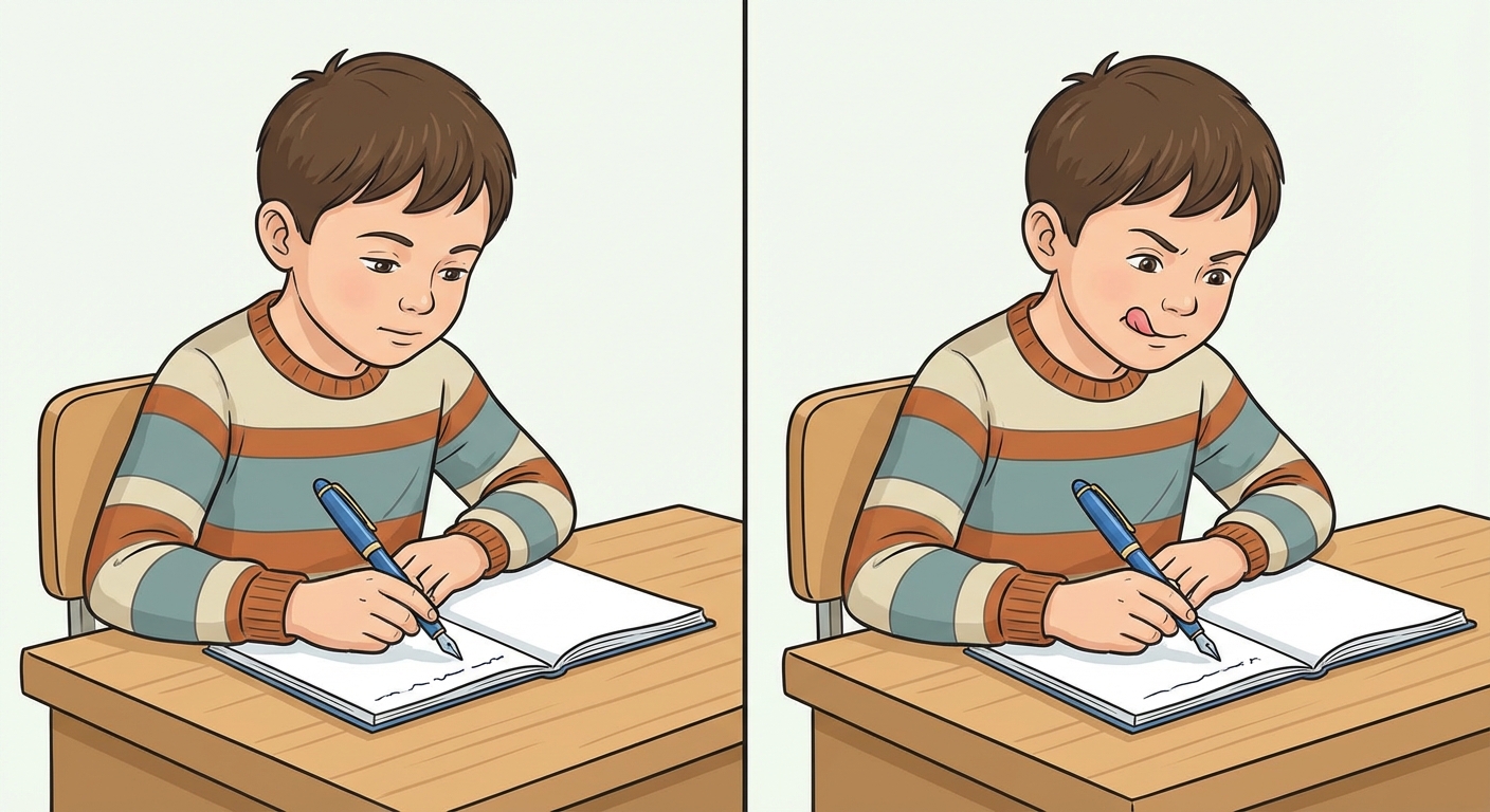 Dessin séparé en deux parties par un trait vertical. À gauche, un garçon écrit avec un stylo plume bleu (Moyen). À droite, le même garçon écrit en tirant la langue pour montrer qu'il est appliqué (Manière).