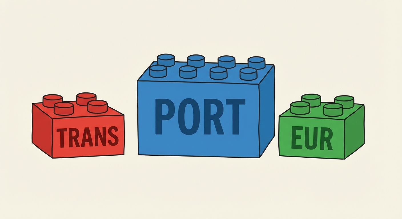Dessin simple sur fond blanc style scolaire. Au centre, une grosse brique de construction bleue avec le mot PORT écrit en majuscules. À gauche, une petite brique rouge avec TRANS. À droite, une petite brique verte avec EUR. L'ensemble suggère le mot TRANSPORTEUR.