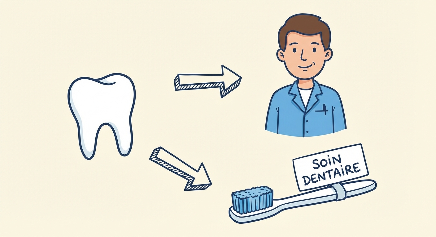 Illustration style scolaire. À gauche, un dessin simple d'une dent. Une flèche pointe vers la droite vers un dentiste en blouse bleue. Une autre flèche pointe vers une brosse à dents avec l'étiquette Soin dentaire.