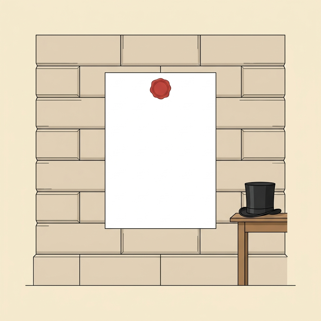 Illustration pédagogique pour un cours de histoire, niveau 4e (collège, ~13 ans). Style : manuel scolaire, traits nets, fond clair de préférence. N'AJOUTE PAS de texte, de chiffres, de lettres ou de symboles dans l'image (aucune légende, aucune opération, aucun titre), à part si on te le demande clairement. N'ajoute pas d'objets, de personnages ou de décor qui ne sont pas mentionnés. Si un nombre d'objets est indiqué, dessine EXACTEMENT ce nombre (pas plus, pas moins). Tu dois représenter STRICTEMENT la scène suivante, en respectant les quantités et la disposition décrites (n'ajoute rien, n'enlève rien) : Dessin historique épuré sur fond beige clair représentant un grand mur en pierre de mairie. Au centre du mur est collée une grande affiche rectangulaire en papier blanc avec un sceau officiel circulaire en haut. Un chapeau haut-de-forme d'homme est posé sur une petite sellette en bois à droite.