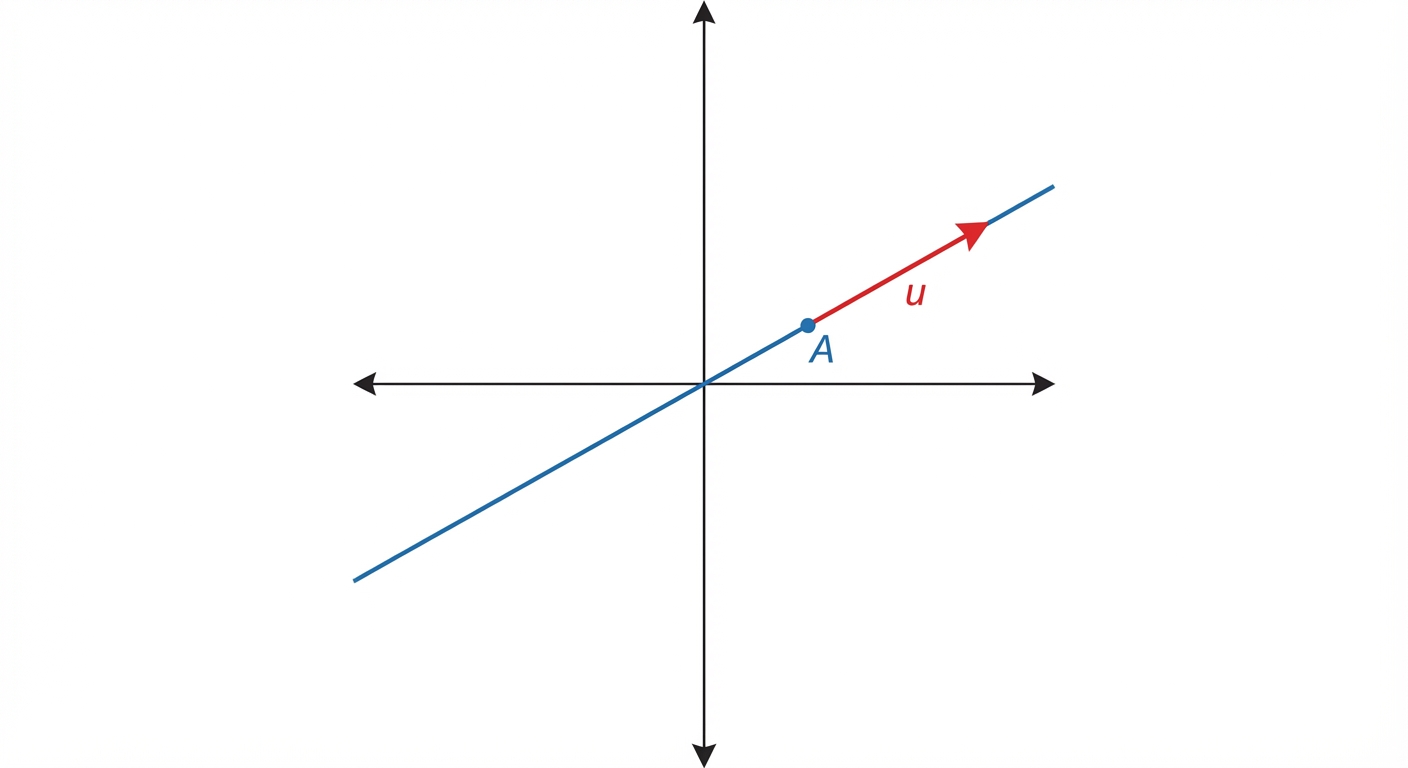 Schéma mathématique clair sur fond blanc. Un repère orthonormé avec une droite bleue. Un point A est marqué sur la droite. Un vecteur rouge nommé 'u' est dessiné sur la droite partant de A, indiquant la direction.