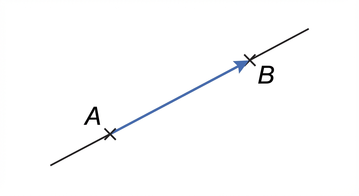 Schéma géométrique simple. Deux points A et B marqués par des croix sur une droite oblique. Un vecteur fléché coloré relie A vers B sur la droite.