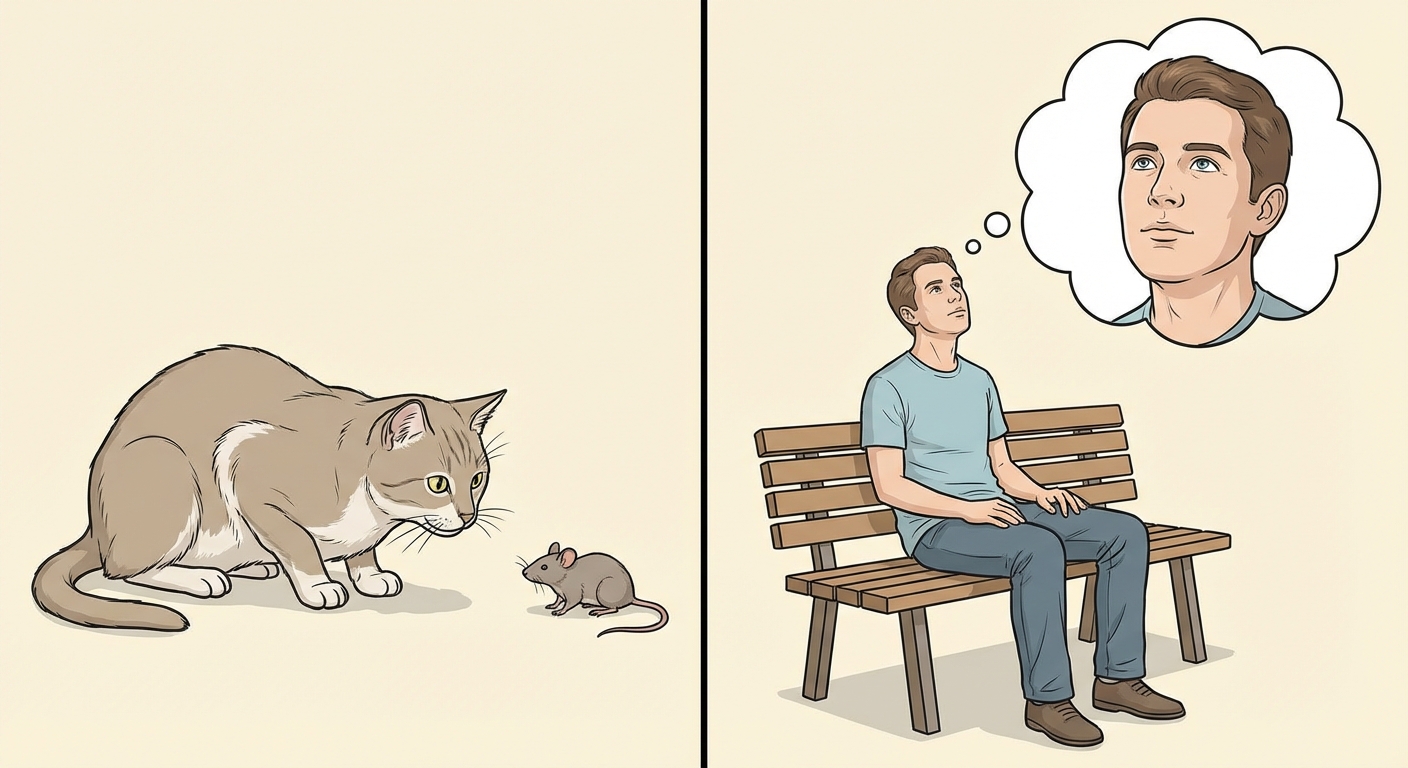 Image divisée en deux parties verticales. À gauche, un chat qui regarde intensément une souris (focalisation sur l'extérieur). À droite, un humain assis sur un banc, le regard pensif tourné vers le ciel, avec une bulle de pensée montrant le visage de l'humain lui-même (focalisation intérieure).
