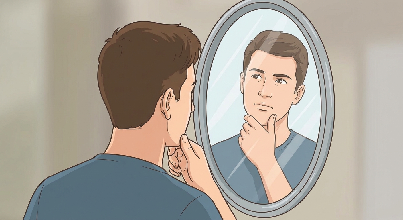 Un jeune homme se regarde dans un miroir ovale. Dans le reflet, il se voit en train de toucher son menton, l'air interrogateur. Le fond est neutre et flou pour mettre l'accent sur le jeu de regard entre le sujet et son reflet.