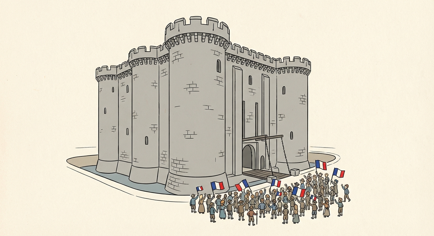 Dessin historique simple de la forteresse de la Bastille. C'est un grand château fort en pierres grises avec des tours rondes. Devant, une petite foule de personnages minuscules avec des drapeaux bleus blancs rouges.