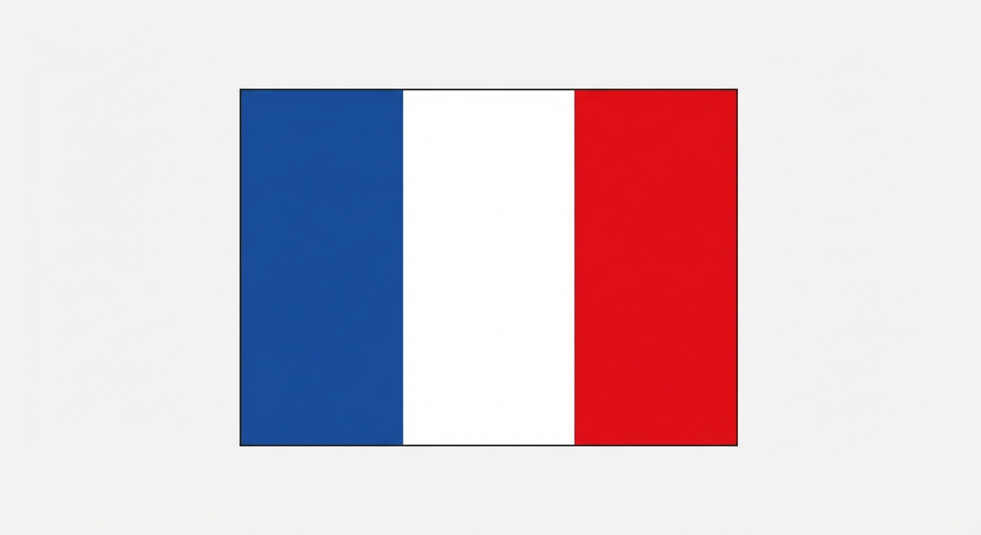 Dessin simple et plat du drapeau français. Trois bandes verticales de largeur égale. De gauche à droite : une bande bleue, une bande blanche, une bande rouge. Fond blanc neutre.