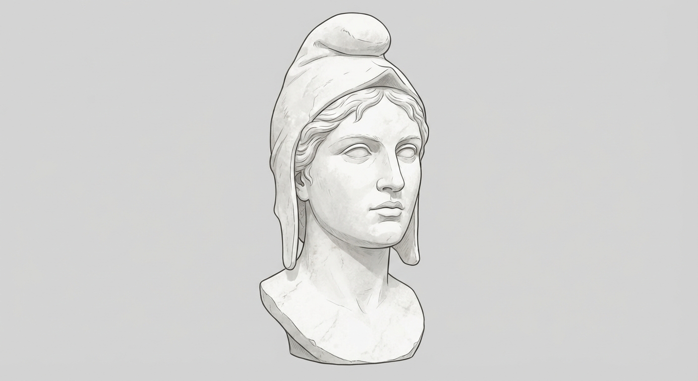 Buste en pierre blanche d'une femme représentant Marianne. Elle porte un bonnet phrygien (bonnet souple pointu vers l'avant) sur la tête. Elle a un visage calme et déterminé. Fond gris uni.