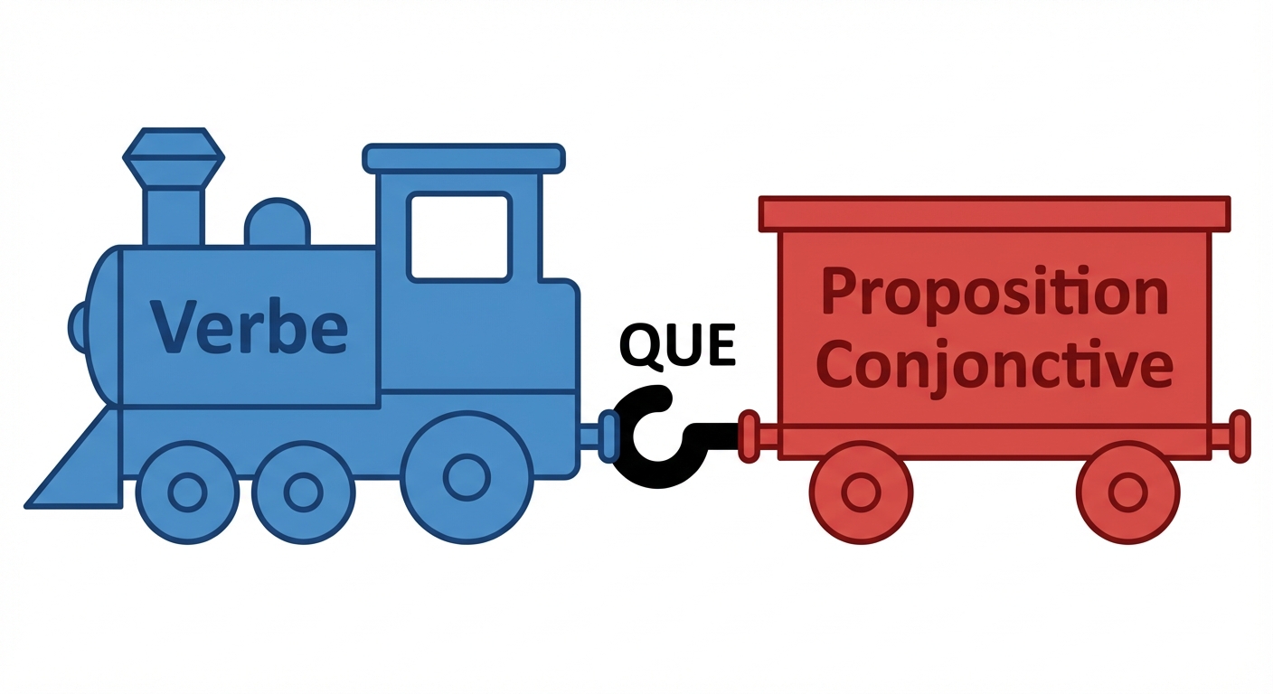 Dessin vectoriel simple. Une locomotive bleue marquée 'Verbe' tire un wagon rouge marqué 'Proposition Conjonctive'. Le lien entre les deux est un crochet noir marqué 'QUE'. Fond blanc épuré.