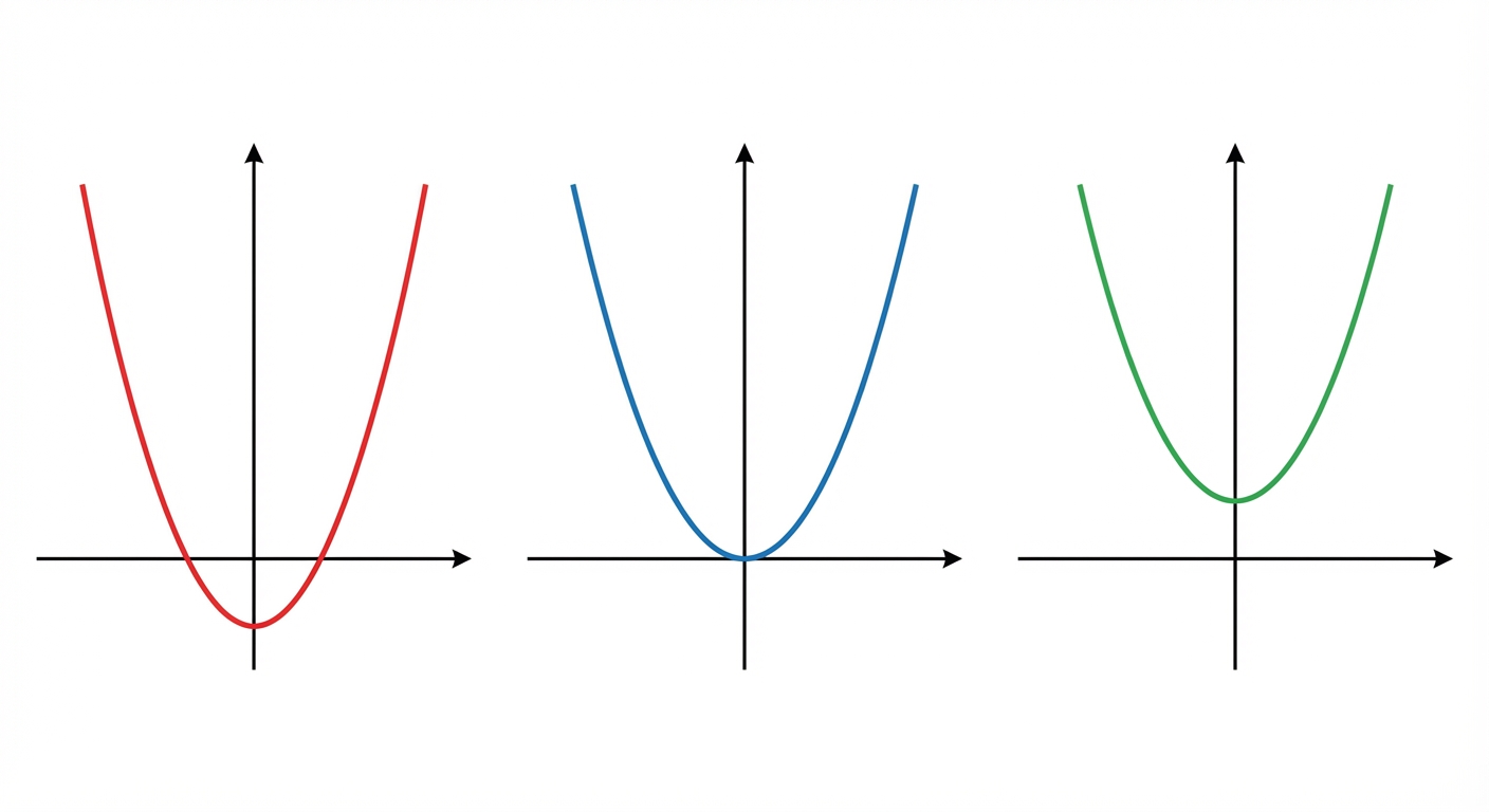 Schéma mathématique simple sur fond blanc montrant trois repères orthonormés côte à côte. Sur le premier, une parabole rouge coupe l'axe horizontal en deux points distincts. Sur le deuxième, une parabole bleue touche l'axe horizontal en un seul point (sommet). Sur le troisième, une parabole verte est entièrement au-dessus de l'axe horizontal sans jamais le toucher.
